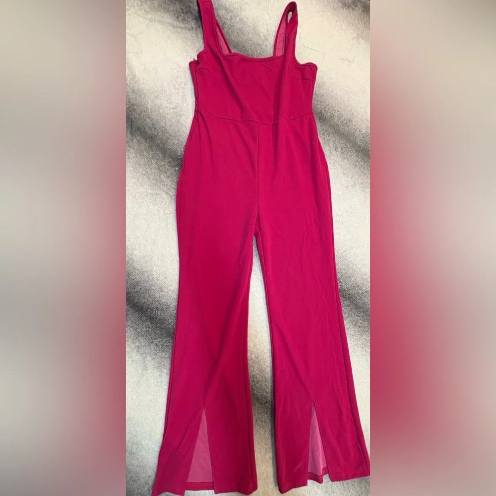 Shein Fuchsia Hot Pink‎ Slit Hem Flare Legged Stretch Sexy Jumpsuit Large 8 10